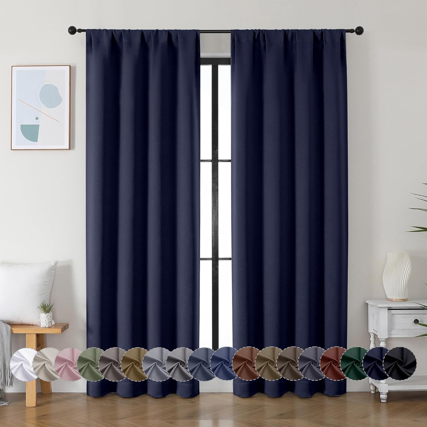 Simplebrand Ava Navy Blue Blackout Curtains for Bedroom 84 Inch Length 2 Panels Set, Solid Thermal Insulated Privacy Living Room Window Tre…