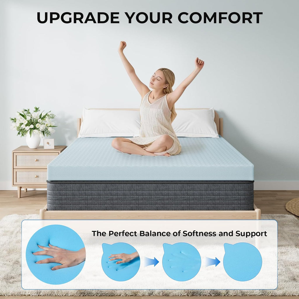 OhGeni 3 Inch King Memory Foam Mattress Topper Pad with Cover, Egg Crate Foam with Anti-Slip Base, Enhanced with Cooling Gel, Comfort for S…