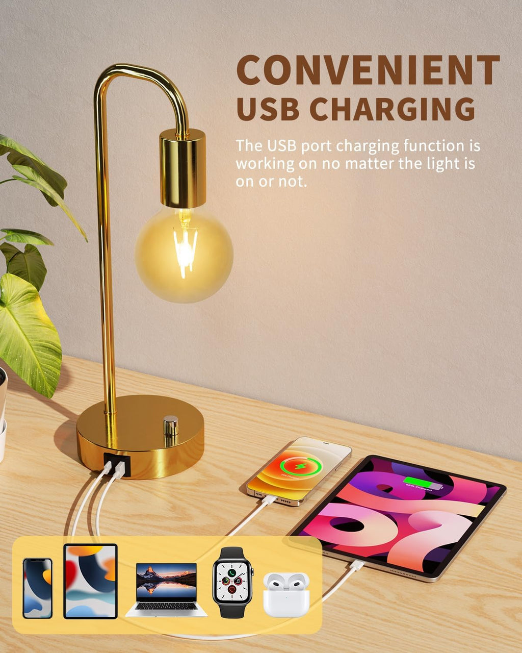 ONEWISH Industrial Table Lamp with 2 USB Port, Stepless Dimmable Nightstand Bedside Lamps for Bedroom, Desk Lamps with 2700K Gold Gradient…