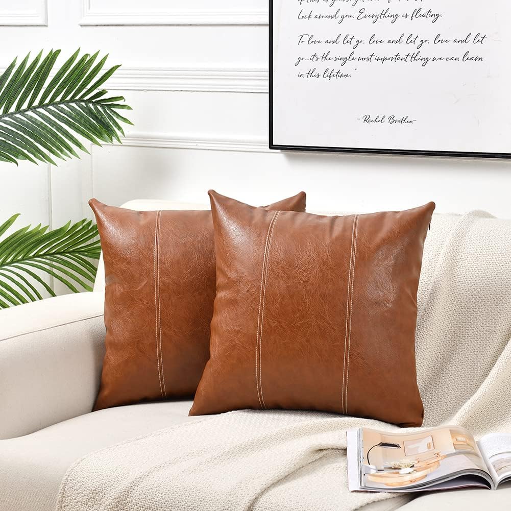 Fancy Homi Brown Boho Faux Leather Decorative Throw Pillow Covers 16x16 Inch for Living Room Couch Bed, Hand Stitched Accent Square…