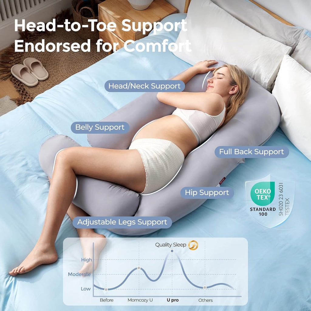 Momcozy Pregnancy Pillow with Cooling Cover, Dreamlign U Pro Maternity Pillow with Adjustable Leg Pillow - Support for Back, HIPS, Belly, L…