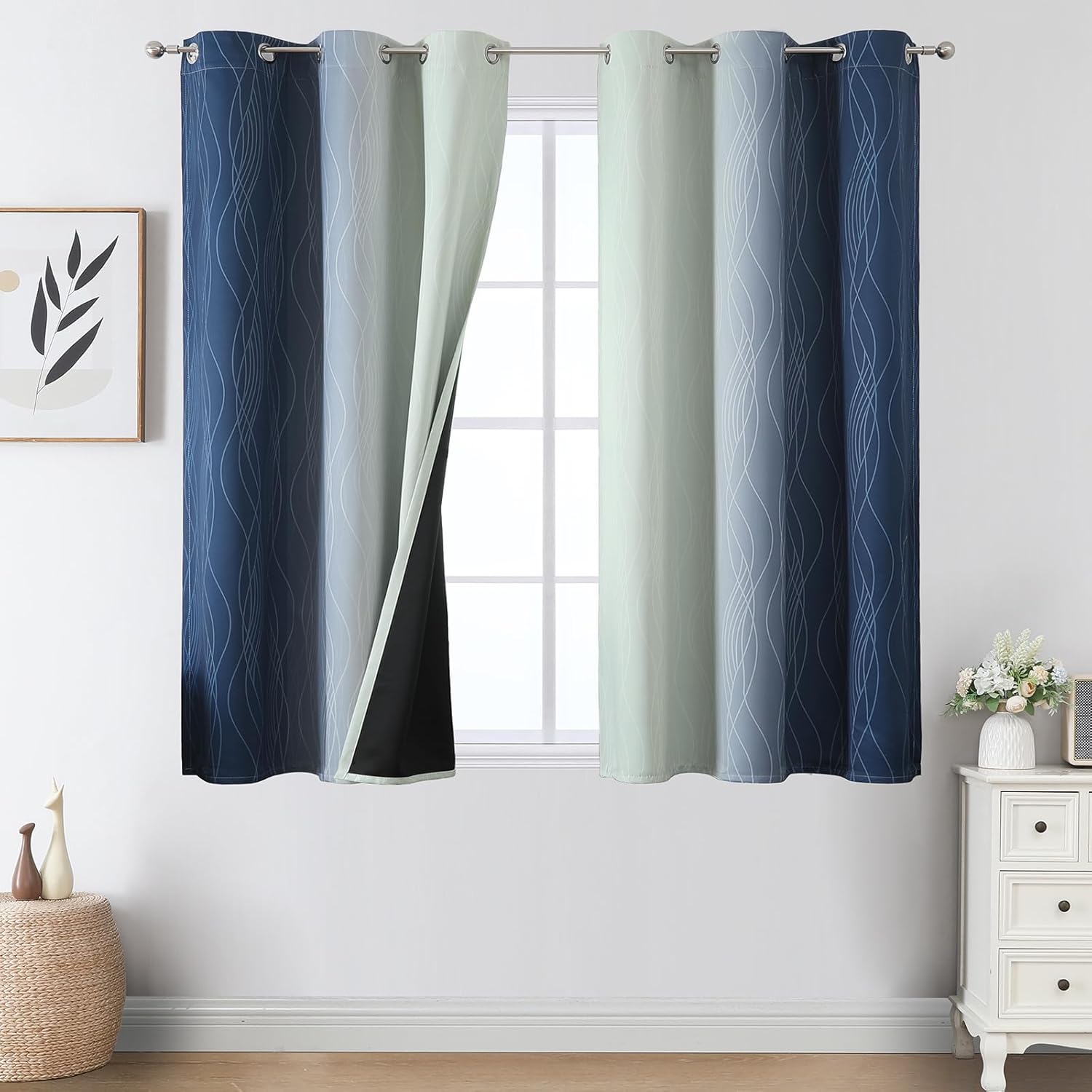 Estelartextiler Estelar Textiler Sage Green and Navy Blue Ombre Blackout Curtains 45 Inches Long, Full Room Darkening Gradient Drapes for K…