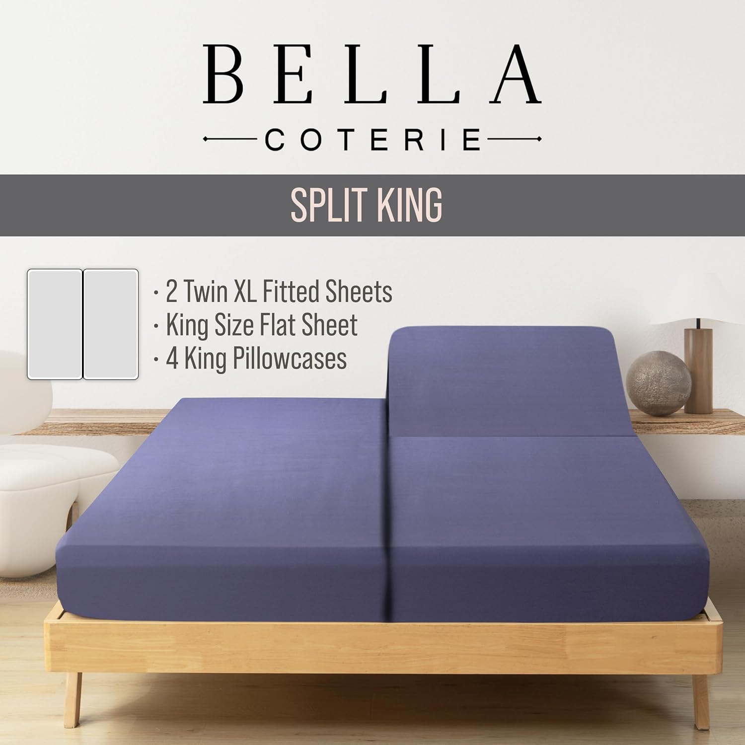 Bella Coterie 7 Piece Luxury Bamboo Viscose Split King Size Sheet Set | 2 Fitted Sheets for Adjustable Beds | 100% Organically Grown |…