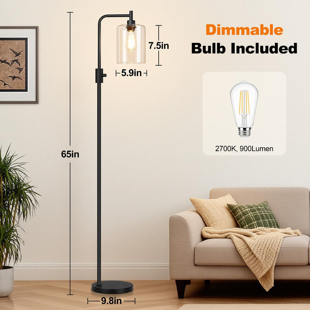 Upgraded】Dimmable Floor Lamp for Living Room with Glass Shade, Black Modern Industrial Floor Lamp with 900LM LED Bulb Included, Bright…
