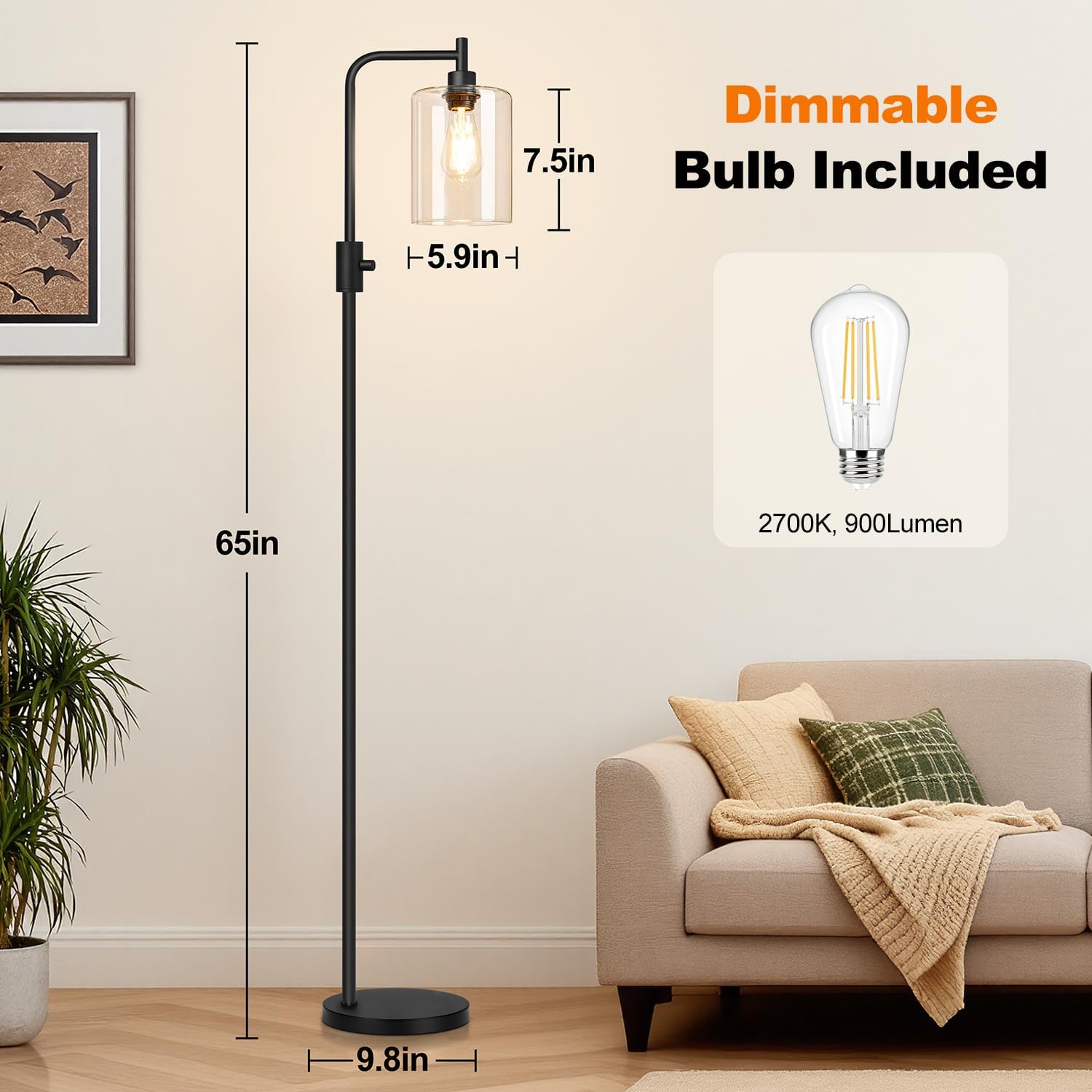 Upgraded】Dimmable Floor Lamp for Living Room with Glass Shade, Black Modern Industrial Floor Lamp with 900LM LED Bulb Included, Bright…