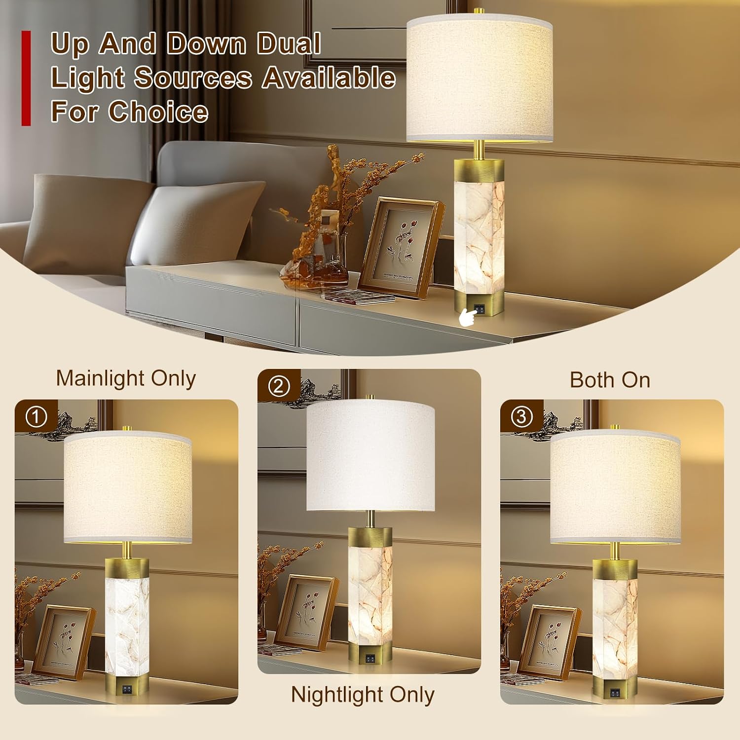 Natural Alabaster Table Lamps Set of 2, Table Lamp with Night Light for Living Room, Nightstand Lamp with USB Ports, Bedside Lamp with Linen…