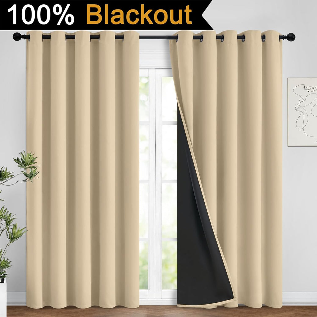 Yakamok Beige 100% Blackout Curtains, Thermal Insulated Total Blackout Drapes for Bedroom, Heat Blocking Window Curtains for Living Room(62…
