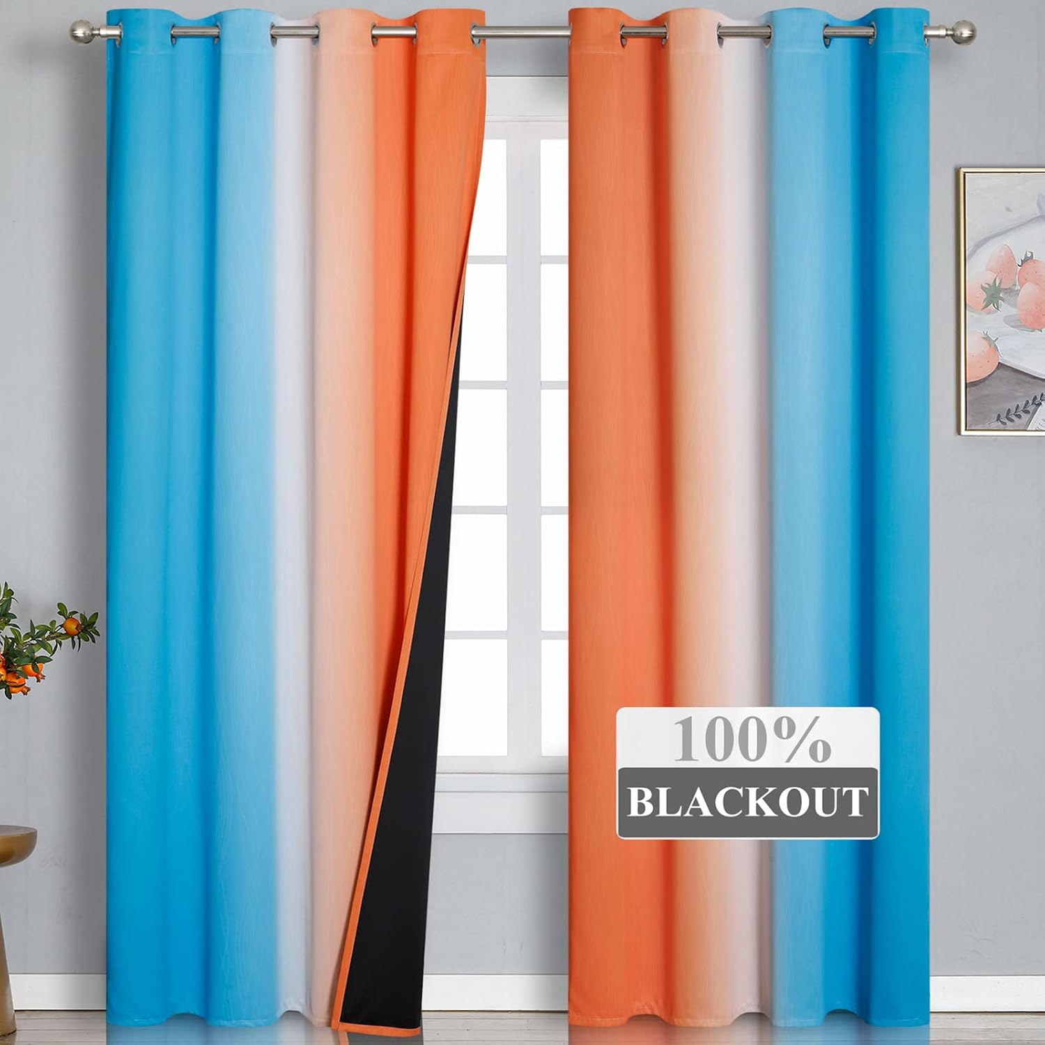 Estelartextiler Thermal Insulated Blue and Orange Curtains for Living Room, Complete Light Blocking Ombre Blackout Curtains for Bedroom, Fu…