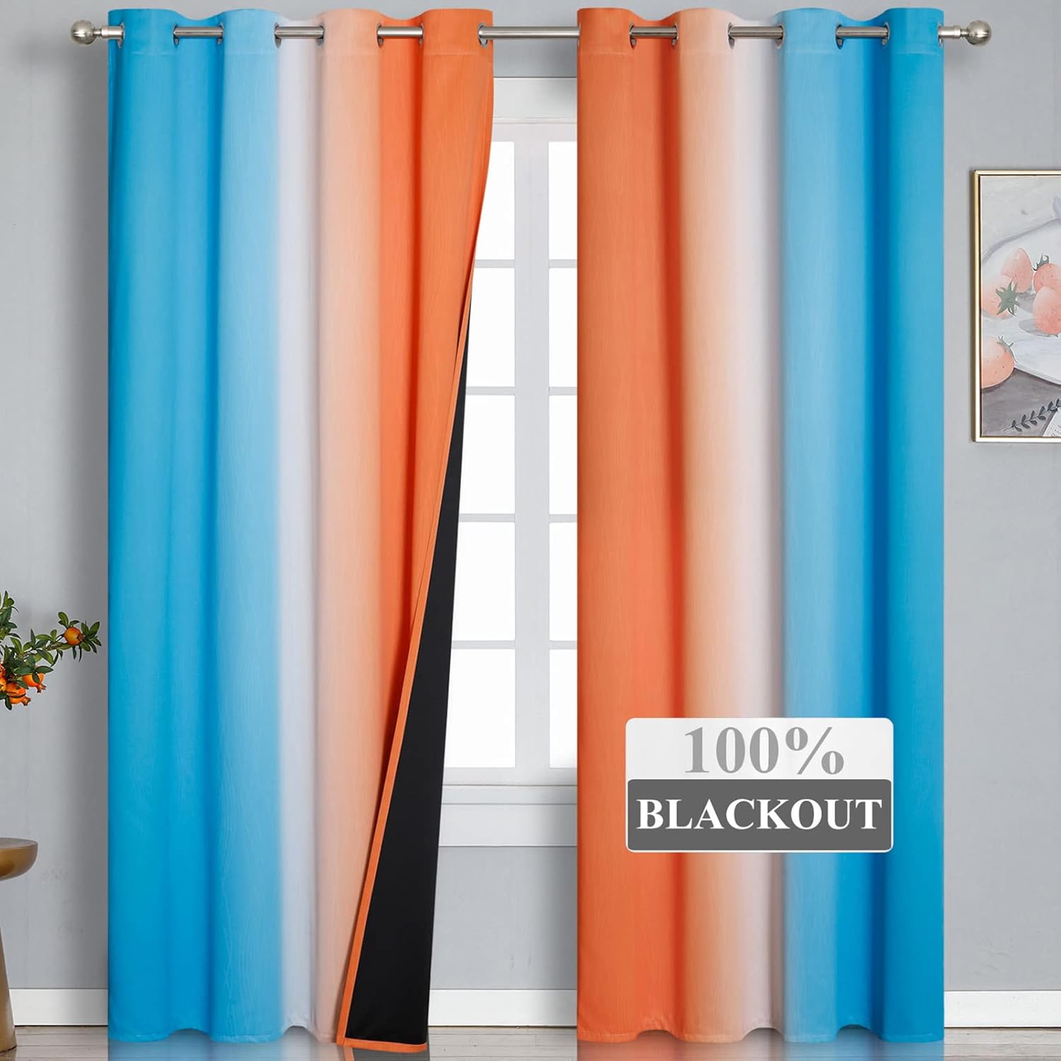 Estelartextiler Estelar Textiler Orange and Blue Blackout Curtains 96 Inches Long, Full Light Blocking Gradient Curtains for Bedroom, Ombre…
