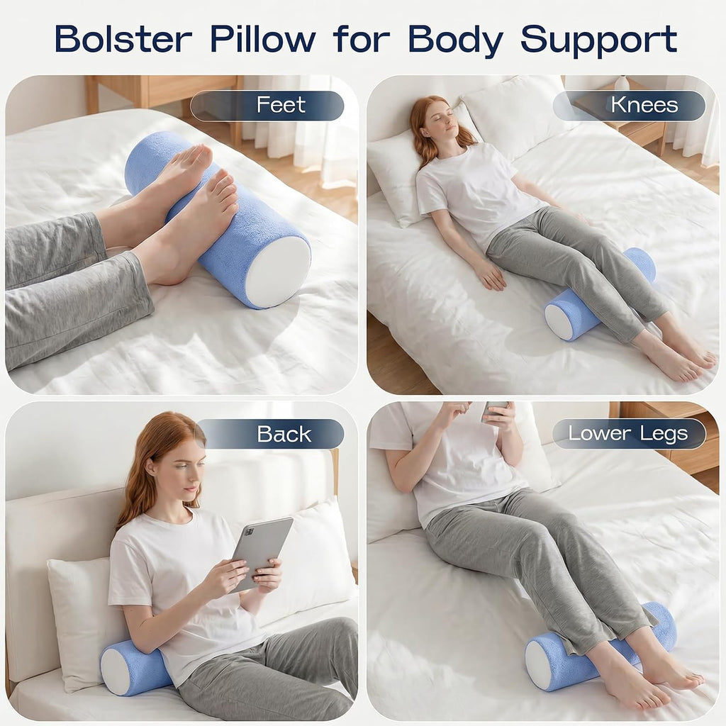 Forcanby Neck Roll Cervical Pillow for Neck - Memory Foam Neck Pillow for Bed, Round Neck Pillows for Sleeping, 15.7 * 6 * 6inch (Blue-Whit…