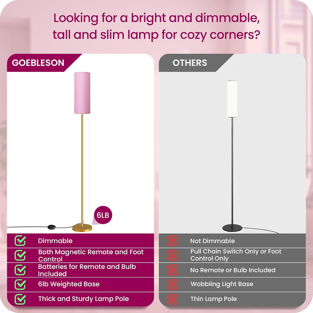 Dimmable Pink Floor Lamp for Living Room with Remote and Foot Switch, Corner Floor Lamp, 64.4'' Standing Tall Lamp, 10W 900LM Bulb…