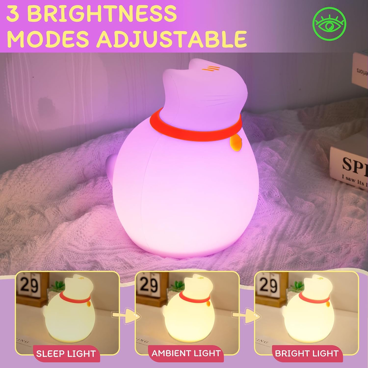 WelcometoMAGOHMT 7-Color Changing Cat Night Light, Silicone Rechargeable Nursery Light with Timer & 3 Modes, Kids Bedroom Lamp Touch Sensor…