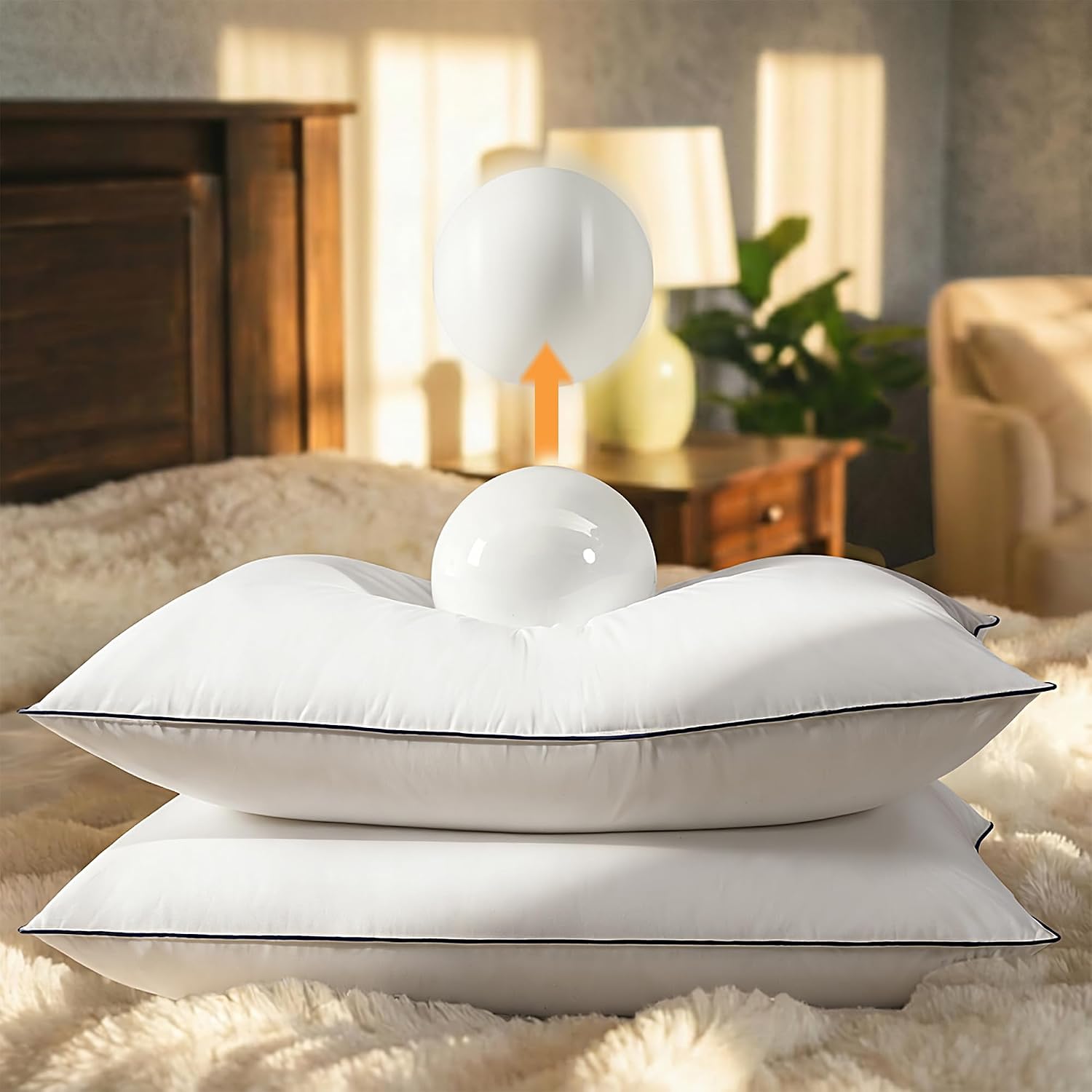 Gehtmnl Luxury Hotel Goose Feather Down Fiber Pillows Standard Size Set of 2, Fluffy Medium Support Bed Pillows for Sleeping, 3-Layer with…