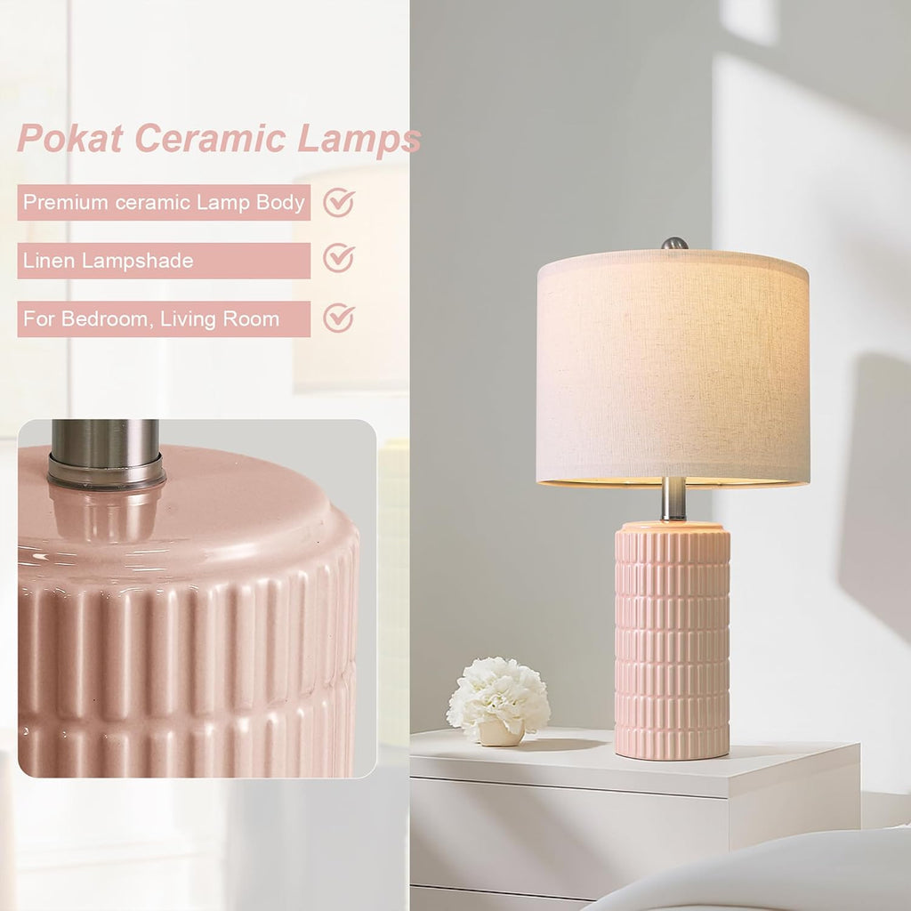 PoKat 20.75" Pink Ceramic Table Lamps Set of 2, Small Modern Bedroom Lamps for Girls Room, Bedside Lamps for Night Stands, Cute Lamps for…