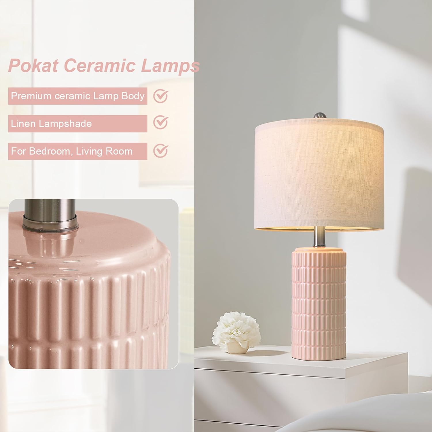 PoKat 20.75" Pink Ceramic Table Lamps Set of 2, Small Modern Bedroom Lamps for Girls Room, Bedside Lamps for Night Stands, Cute Lamps for…