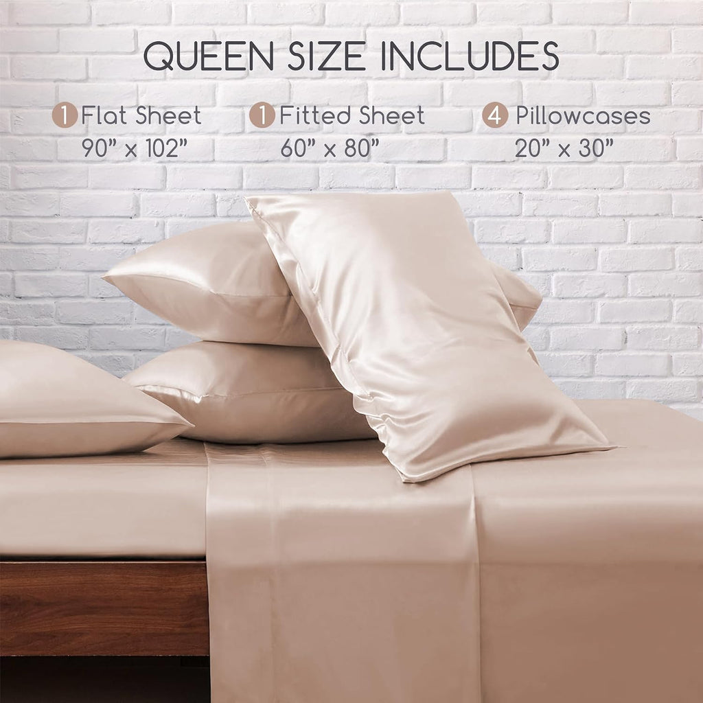 MR&HM Satin Bed Sheets, Queen Size Sheets Set, 6 Pcs Silky Bedding Set with 15 Inches Deep Pocket for Mattress(Queen, Taupe) 6 Pcs 15…