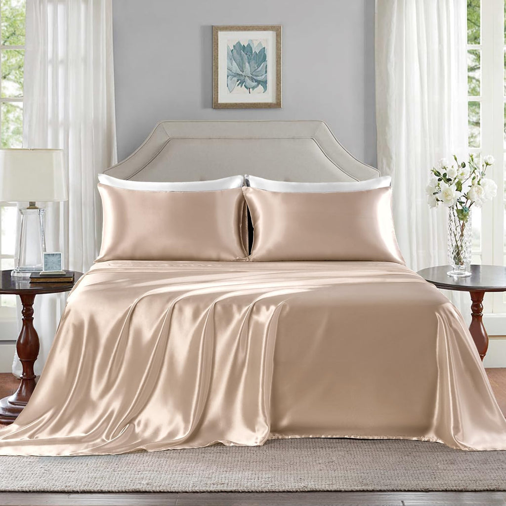Golal Satin Sheets Full Size - 4 Pieces Luxury Silky Soft Bed Sheets, Wrinkle-Free Champagne Satin Silk Sheet Set with 1 Deep Pocket Fitted…