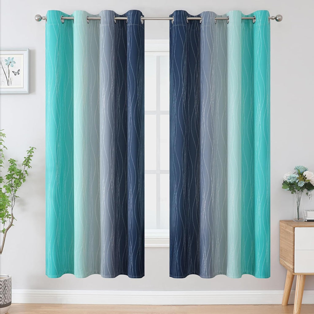 Estelartextiler Estelar Textiler Navy Blue and Teal Blackout Curtains 72 Inch Length 2 Panels Set, Full Room Darkening Grommet Ombre Curtai…