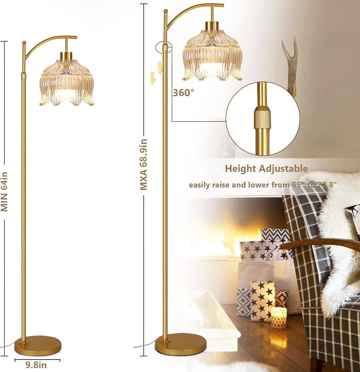 QIYIZM Flower Floor Lamp for Living Room, Bedroom, Gold Dimmable Standing Lamp with Remote, Glass Mid Century Modern Brass Tall Lamp Boho…