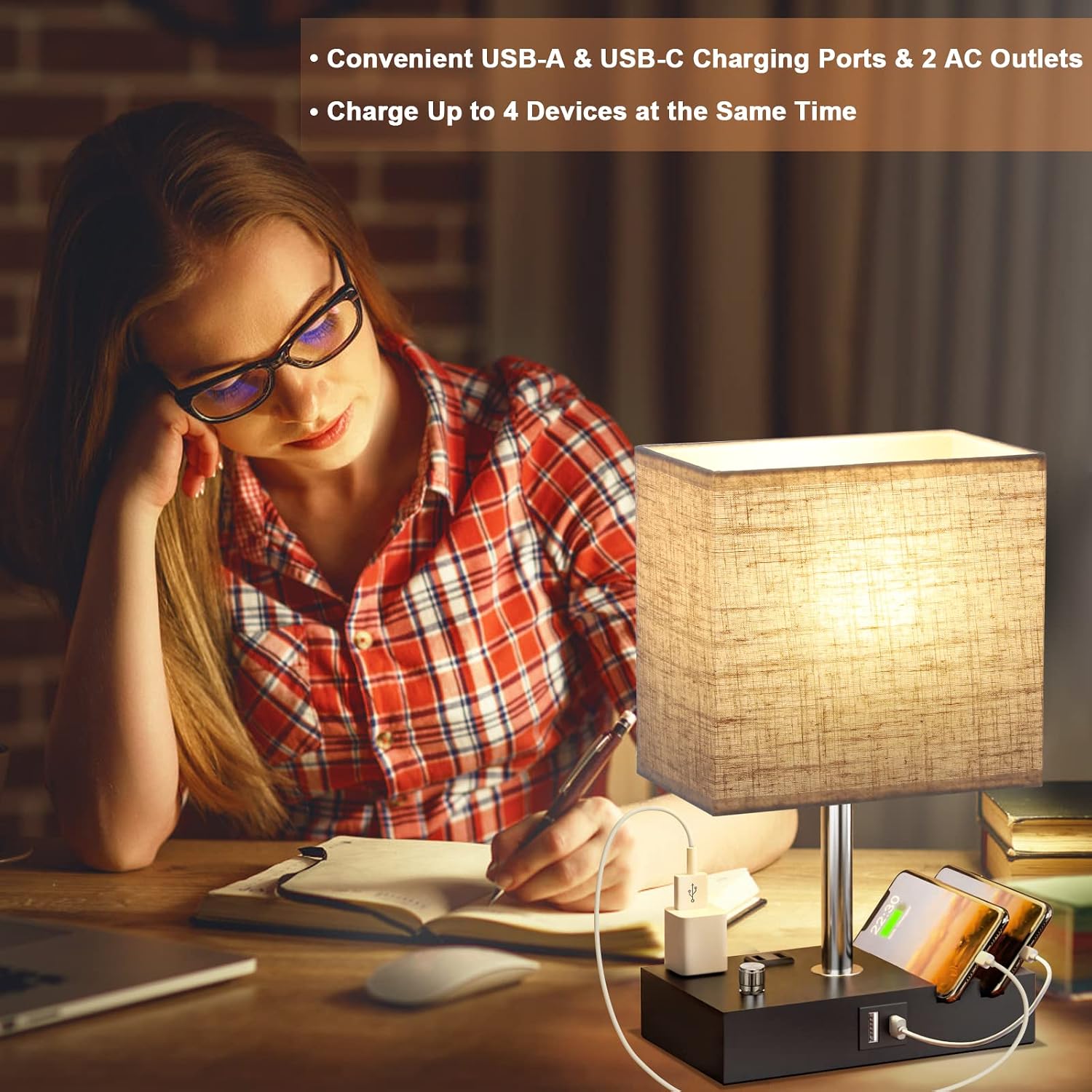 Kakanuo Table Lamp for Bedroom with Dual USB Ports, Beige Fully Dimmable Bedside Lamp with Phone Stands and 2 Charging Outlets, Desk Lamp…