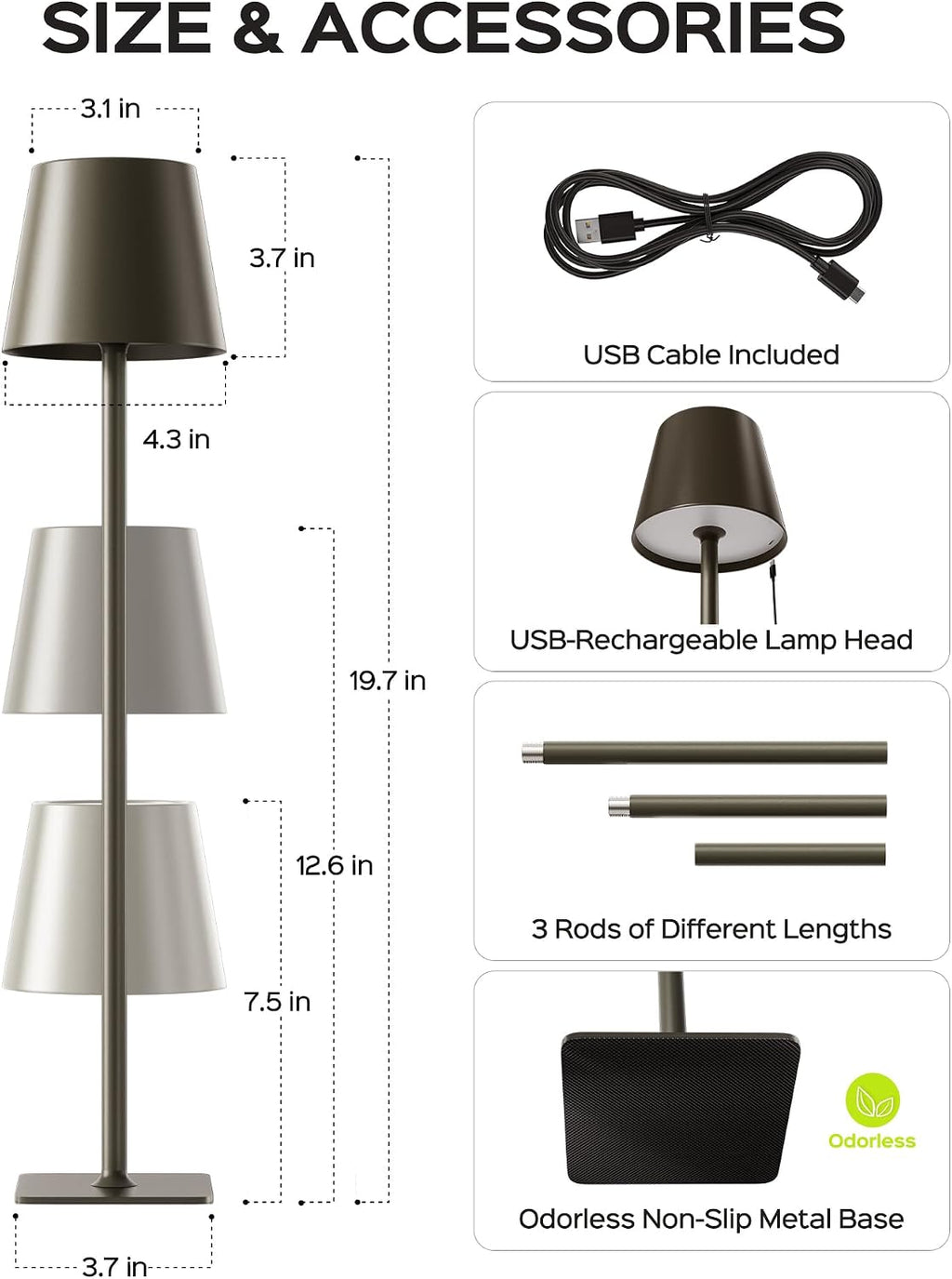 JACKYLED Cordless Lamp DIY Height, 3 Color Stepless Dimming, 5000mAh Battery Operated Lamp Portable Rechargeable for Bedroom Dinning…