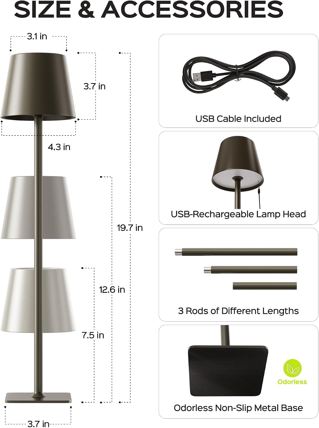JACKYLED Cordless Lamp DIY Height, 3 Color Stepless Dimming, 5000mAh Battery Operated Lamp Portable Rechargeable for Bedroom Dinning…