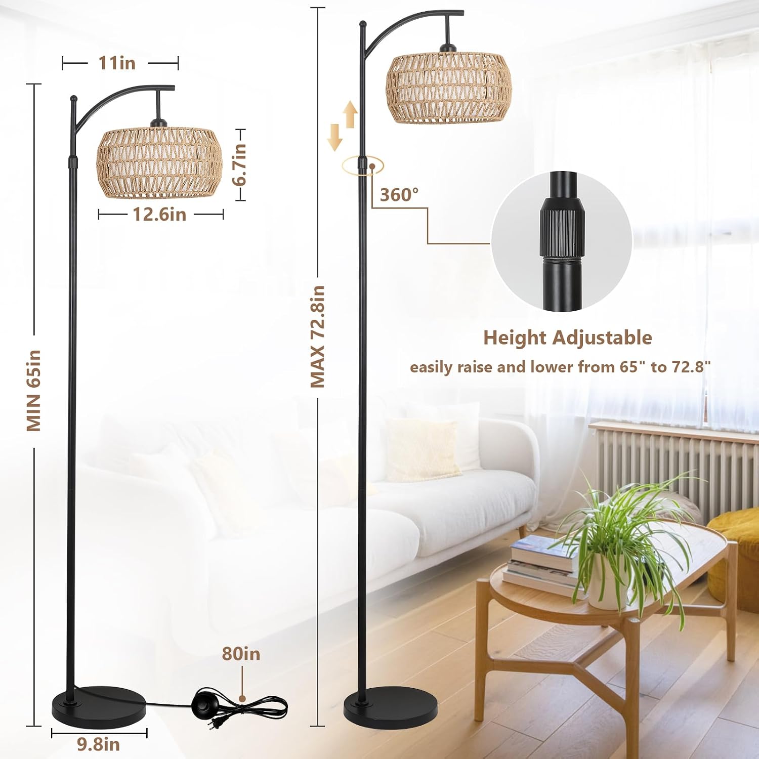 Arc Floor Lamp with Remote Control, Dimmable LED Floor Lamp with 3 Color Temperature, Black Standing Lamp with Rattan & Fabric Double…