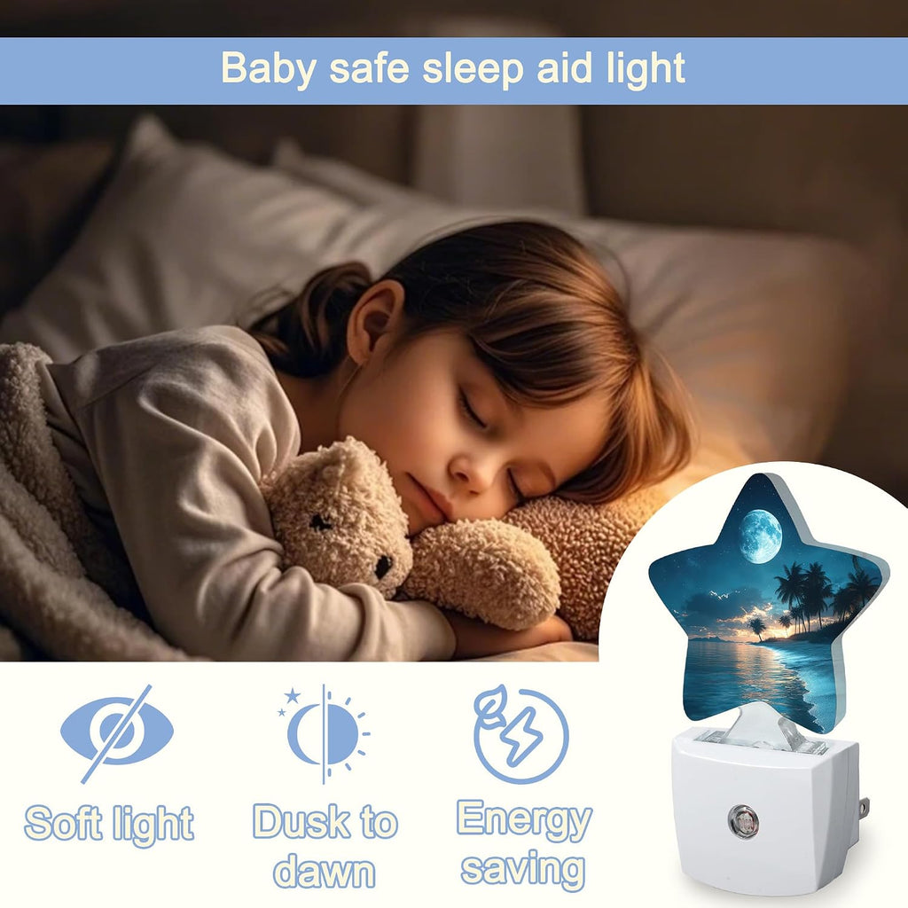Snowmolle Moon Beach Night Light, Tropical Palm Tree Plug-in Star Night Lights with Dusk-to-Dawn Sensor for Bedroom, Bathroom, Living Room Sle…