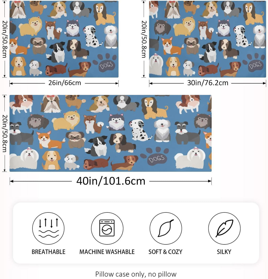 Dogs Cute Blue Print Pillow Covers Silk Pillowcase for Hair and Skin Soft Breathable Smooth Cooling Satin Pillowcase King Size Pillow…
