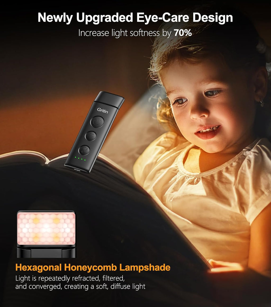 Gritin Book Light Rechargeable, Eye Caring 3-Color & 5-Brightness Clip on LED Reading Light for Books in Bed- Stepless Dimming, Long…