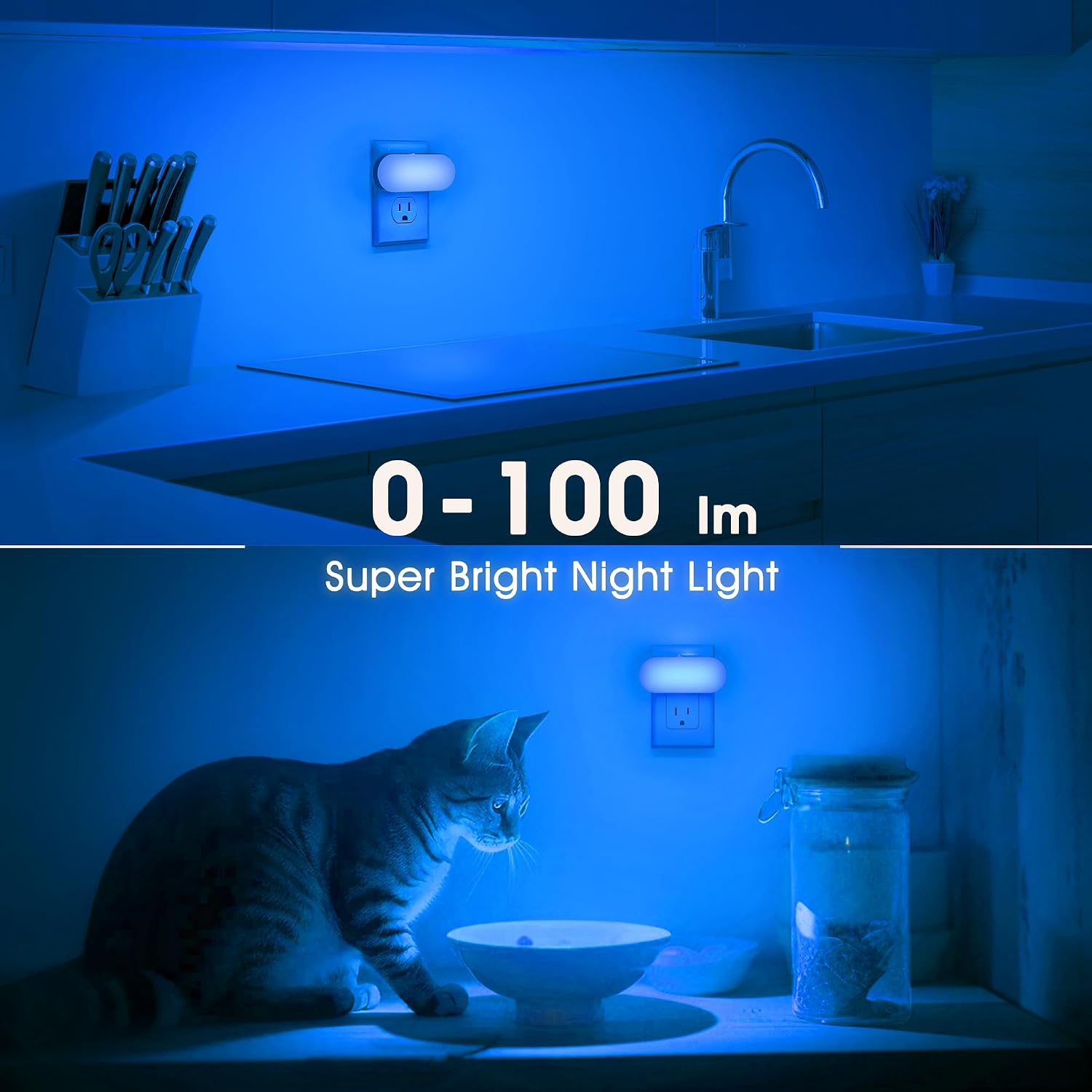 DORESshop Blue Night Light, Auto On/Off, 0-100 LM Adjustable Brightness, Dimmable Plug Into Wall Night Light for Kids Room, Bedroom…