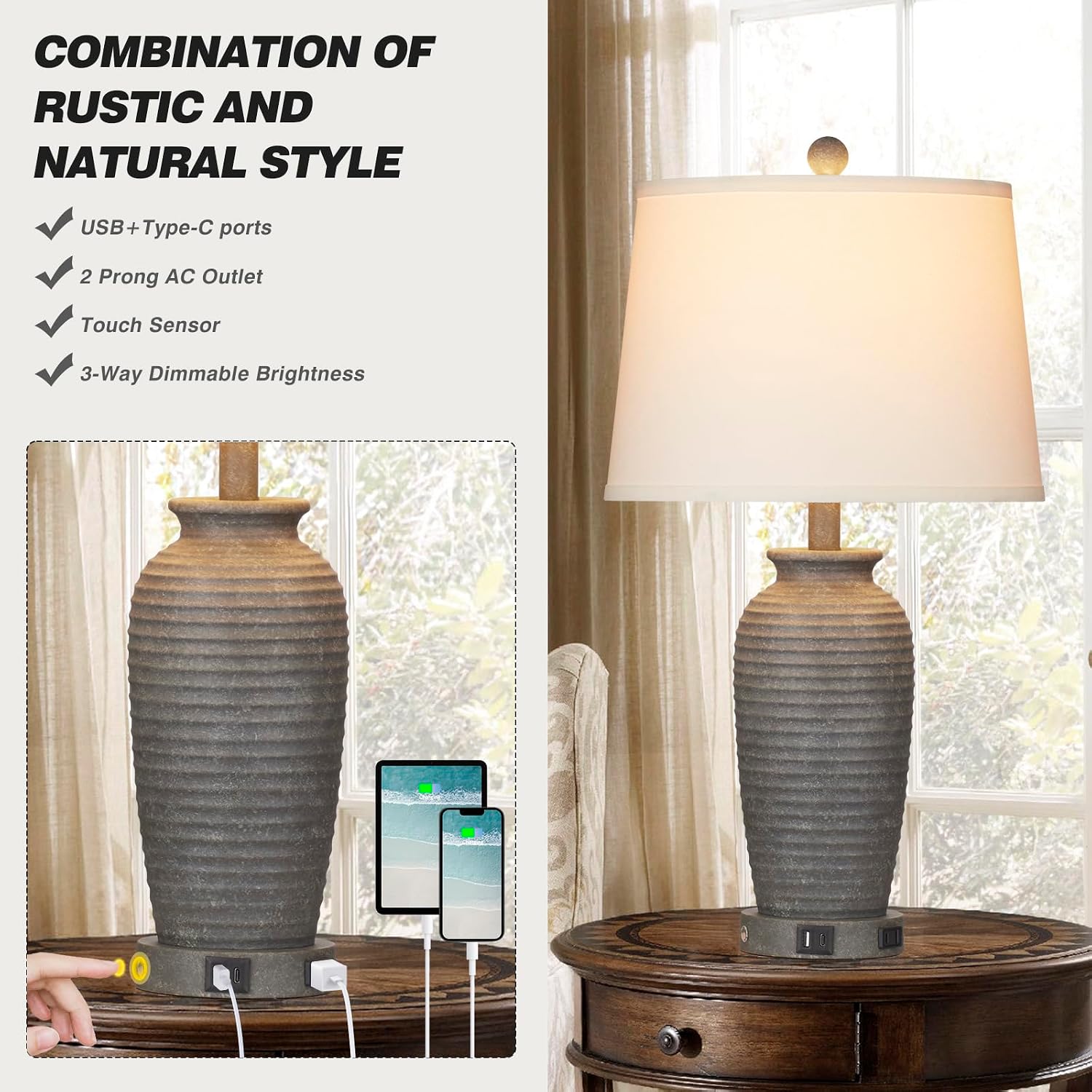 CINSARY 25" Farmhouse Jar Table Lamps Set of 2, 3 Way Touch Control Rustic Bedside Lamps with USB A+C Ports & AC Outlet, Pot Nightstand…