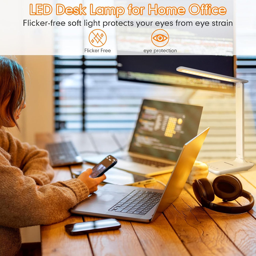 White crown LED Desk Lamp with 15W Wireless Charger & USB Port, Dimmable Table Lamp with 5 Lighting Modes, Sensitive Touch Control…