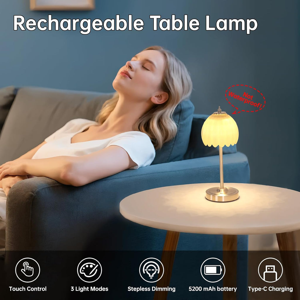 Shenmoyl Tulip Table Lamp with 5200mAh Battery & Touch Control, Cordless Small Table Lamp with 3 Colors, Dimmable Rechargeable Table…