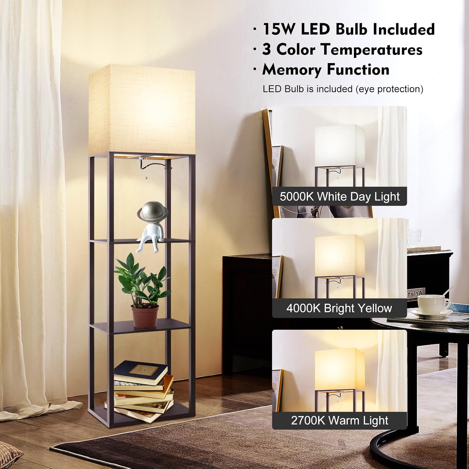 RUNTOP Plus - Floor Lamp with Shelves, Wide Shelf Lamp, Shelf Floor Lamp with 15W LED Bulb, 3 Colors Temperature, Memory Function, Large…