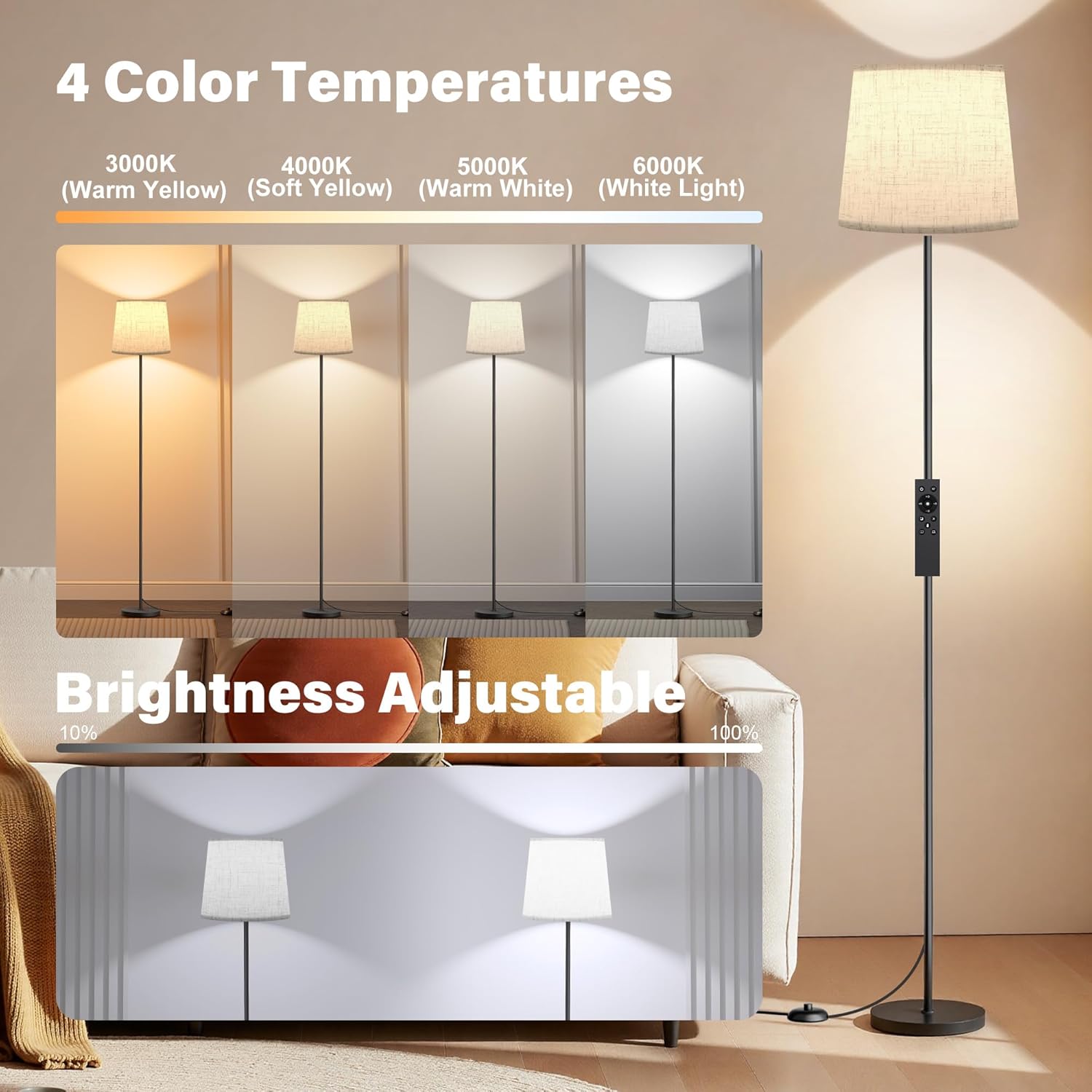 SIBRILLE Floor Lamp with Linen Shade - 62" Dimmable LED Standing Lamp with Remote Control, 9W E26 Bulb Included, 3000-6000K, Modern Floor…