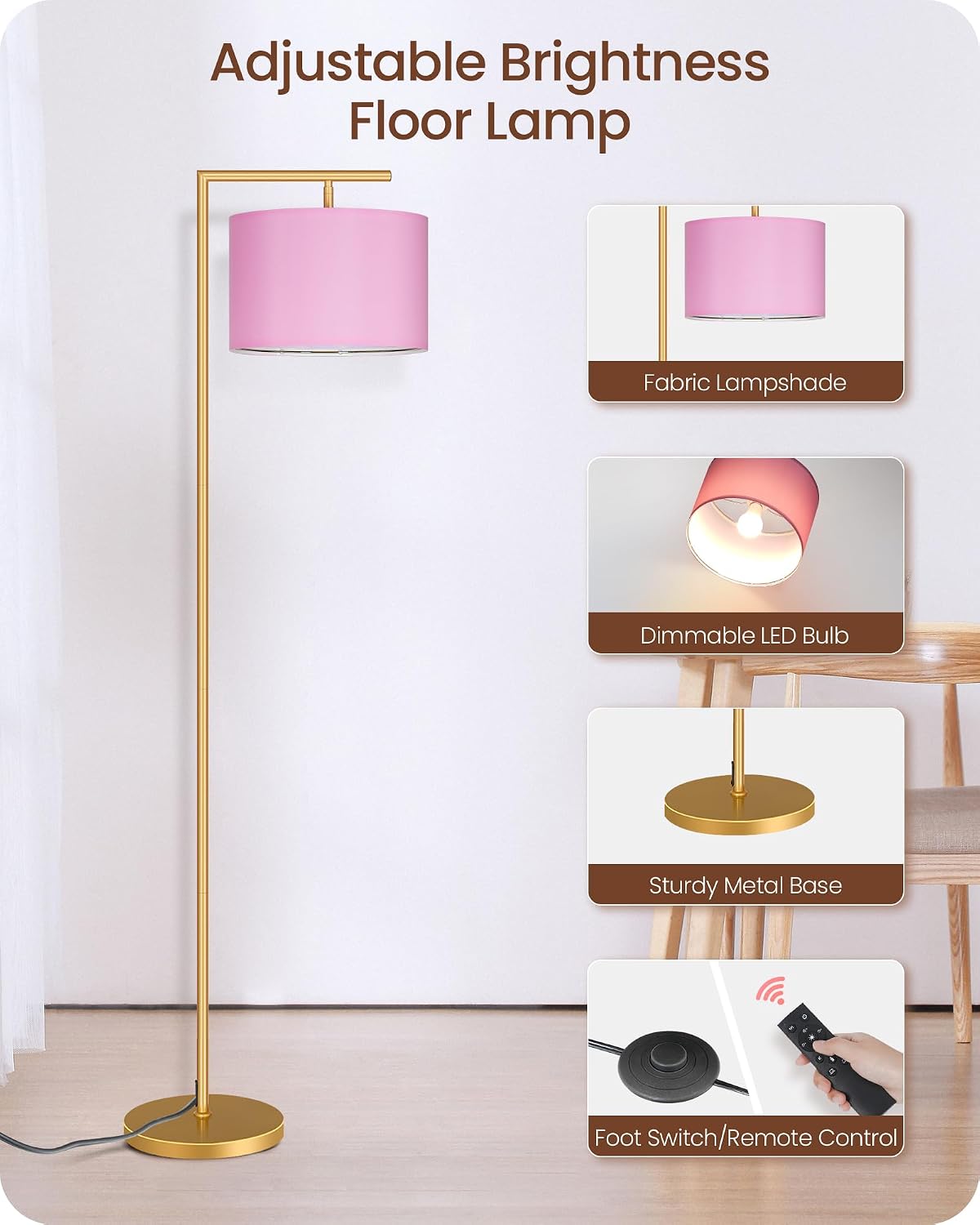 Goebleson Modern Gold Arc Floor Lamp, Corner Tall Lamp with Remote, Arched Reading Light with Fabric Shade, Floor Lighting for Living Room,…