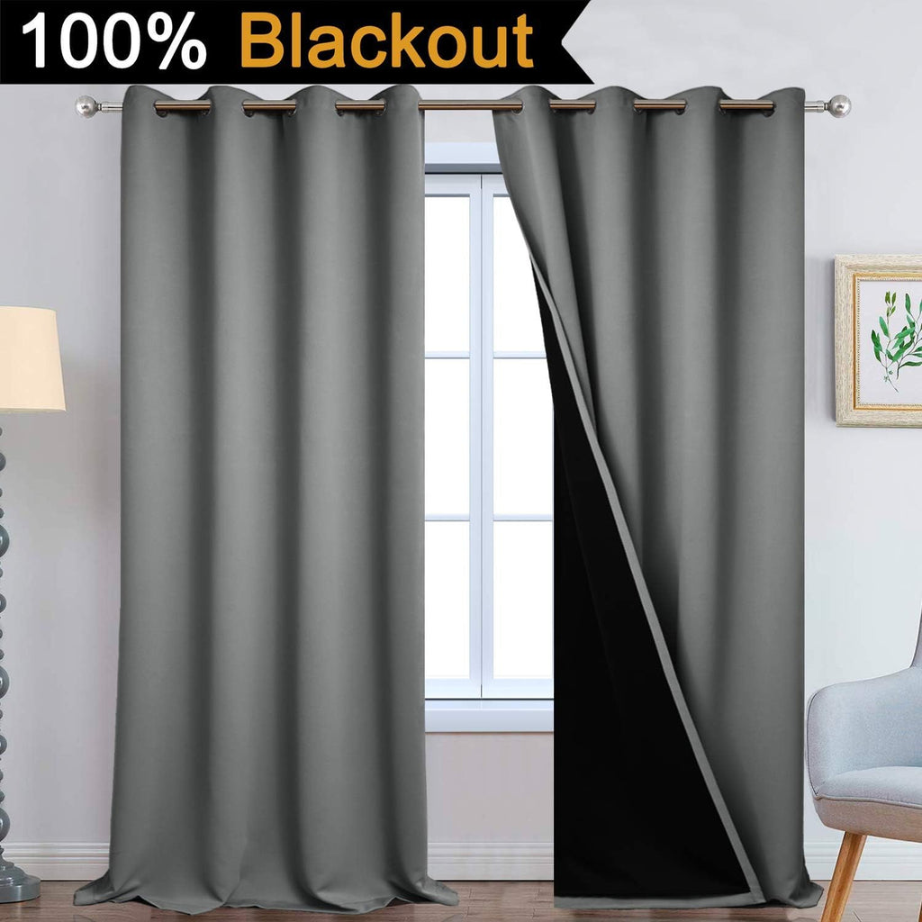 Yakamok Gray 100% Blackout Curtains Energy Saving Thermal Insulated 2 Thick Layers Completely Blackout Drapes with Black Liner for Bedroom…