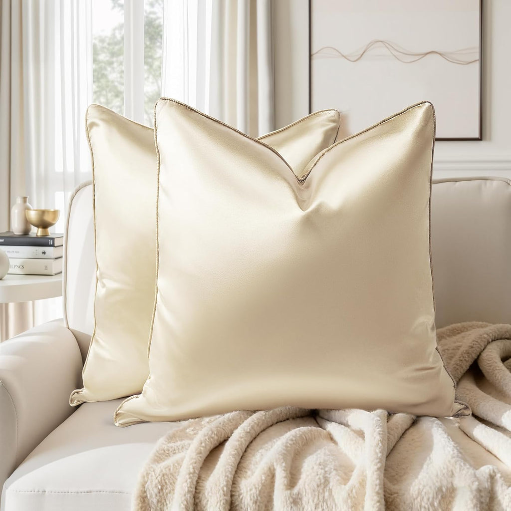 Homeideas Champagne Decorative Throw Pillow Covers 18x18 Set of 2, Glossy Faux Silk Pillow Covers for Couch Sofa Bed Decor Luxury Summer Eu…
