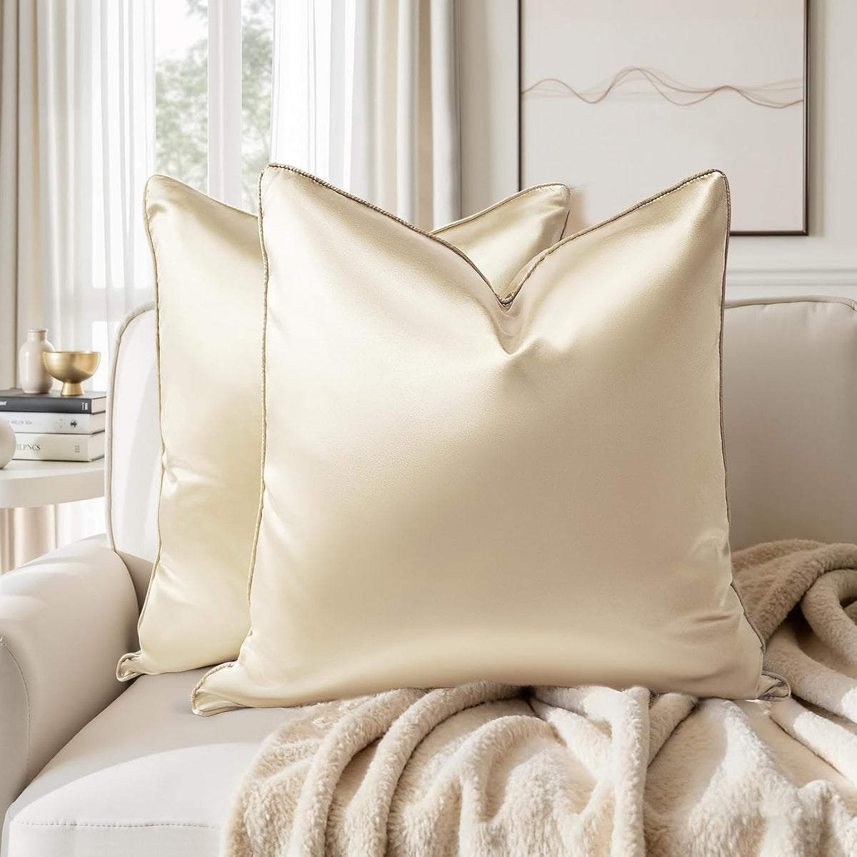 Homeideas Champagne Decorative Throw Pillow Covers 24x24 Set of 2, Glossy Faux Silk Pillow Covers for Couch Sofa Bed Decor Luxury Summer Eu…