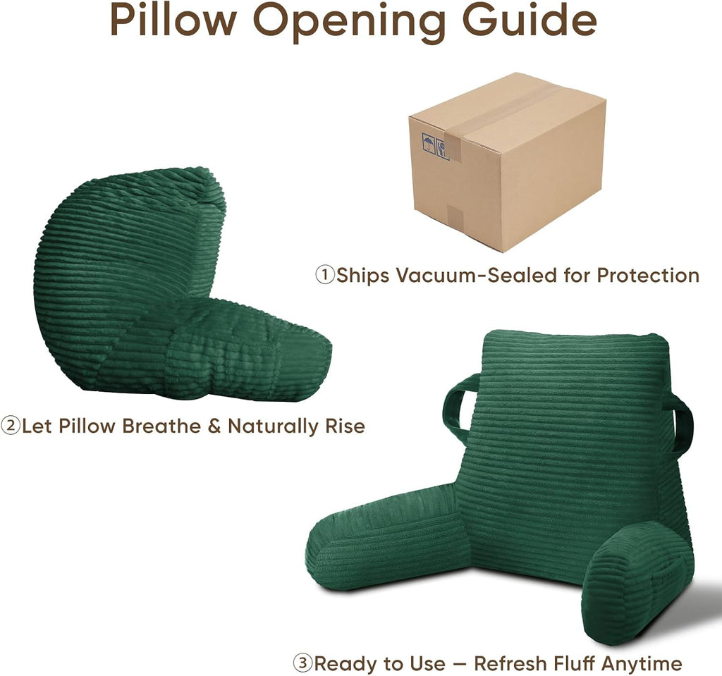 Reading Pillow for Sitting in Bed Adult, Bed Reading Pillow with Shredded Memory Foam, Back Pillow for Sitting with Arms and Pockets, Green