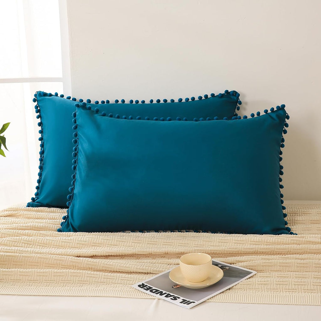 Moveover Move Over Teal Pom Poms Pillowcases, Standard Queen Pillow Cases Set of 2, 100% Washed Microfiber, Teal Blue Ball Fringe Pillow Cov…
