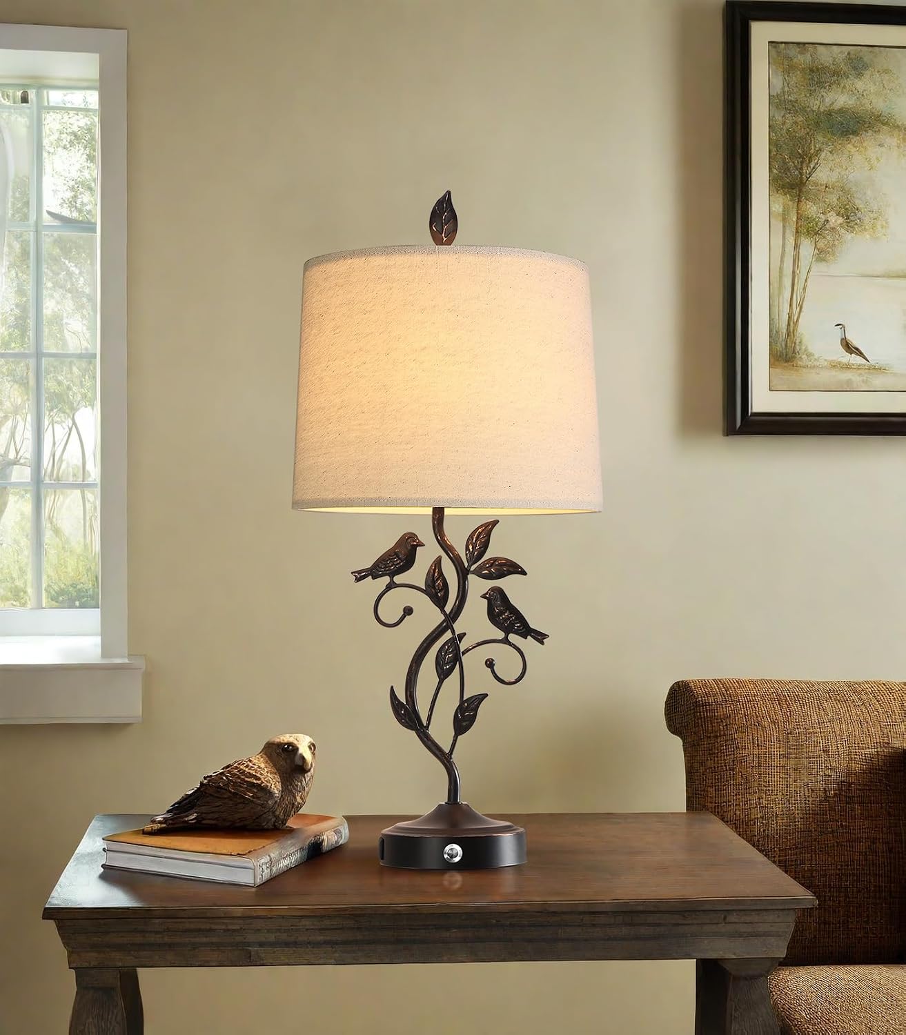27" Touch Farmhouse Table Lamps for Living Room with 3-Way Dimmable 2 USB Ports, Vintage Rustic Iron Leaf Nightstand Lamp for Bedroom…
