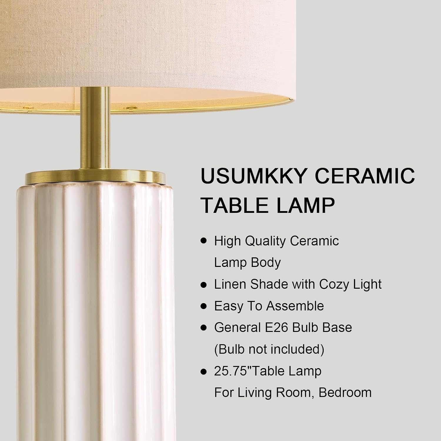 USumkky 25.75" Off-White Ceramic Table Lamp Set of 2, Mid Century Modern Bedside Nightstand Lamps for Bedroom Living Room, Linen Shade &…