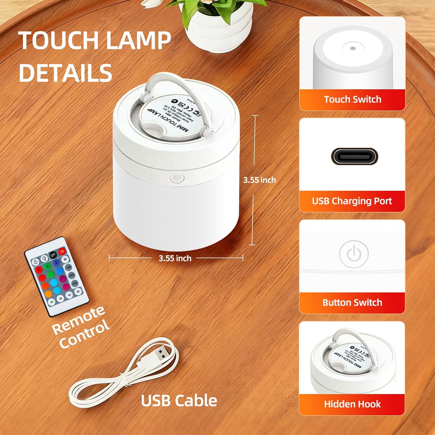 Portable Night Light for Kids, USB Rechargeable Small Desk Lamp,13 RGB Colors & 4 Brightness & 1 Remote, Touch Bedside Table Lamp for…