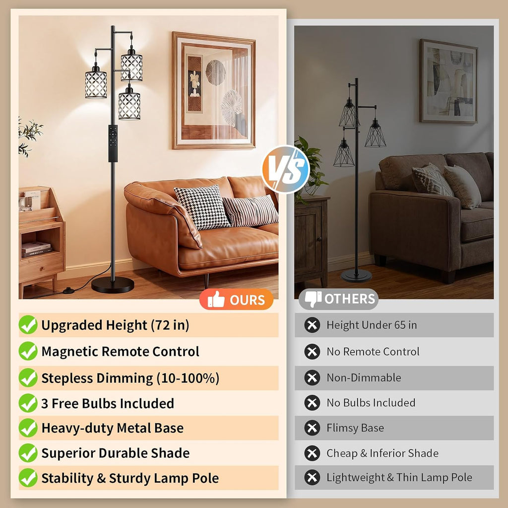 Dimmable Floor Lamp, Farmhouse Standing Lamp with Elegant Metal Cage, Industrial Tall Tree Floor Lamps for Living Room, Bedroom, Study…