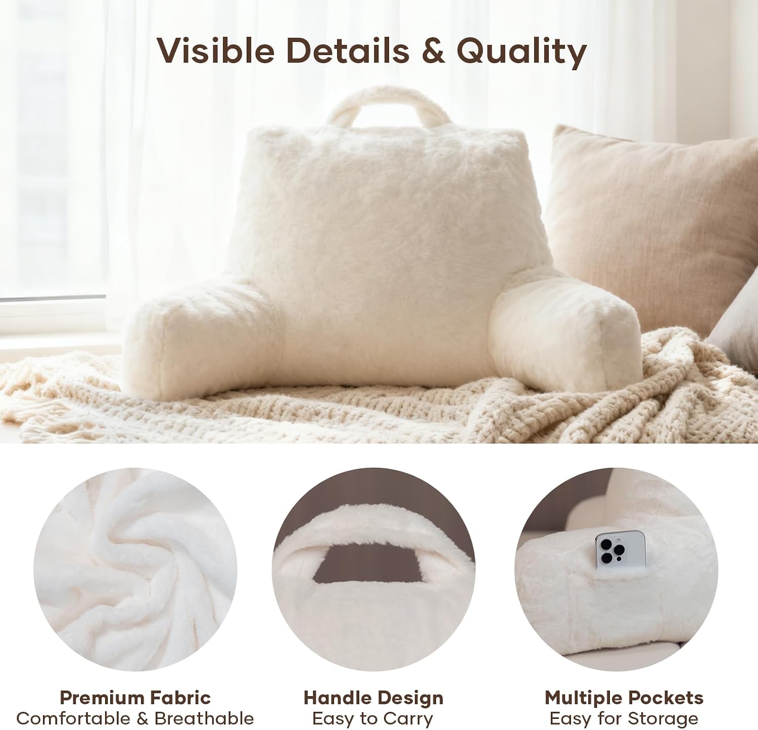 NOONTIDE Reading Pillow for Sitting up in Bed and Couch, Large Back Pillow for Adult & Teens with Soft Adjustable Neck Roll Backrest…