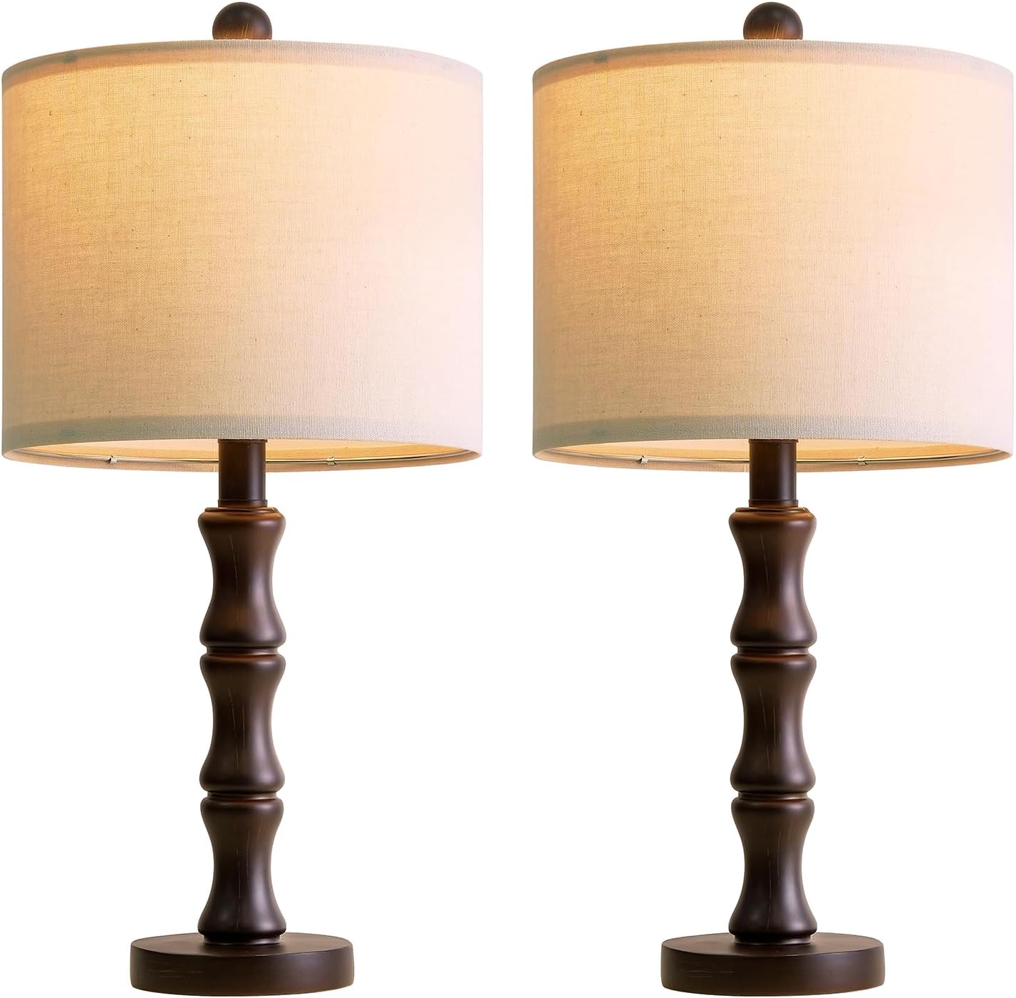 BOBOMOMO 20.5" Classic Table Lamps Set of 2, Farmhouse Nightstand Lamps with Dark Wood Grain Resin Base & Linen Shade, Small Bedside…