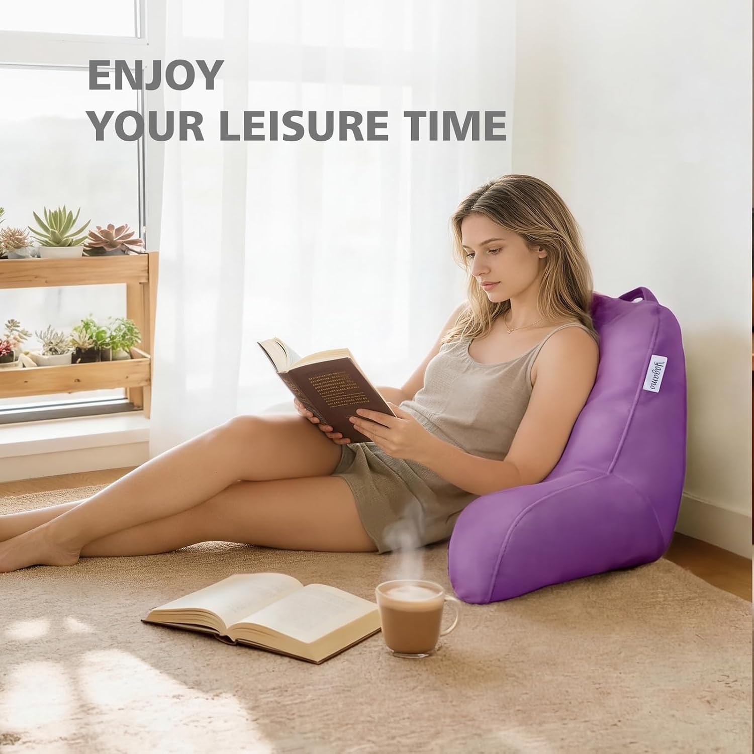 Reading Pillow with Adjustable Memory Foam, Adult Backrest with Arms, Back Pillow for Sitting in Bed with Washable Cover- Large, Purpule