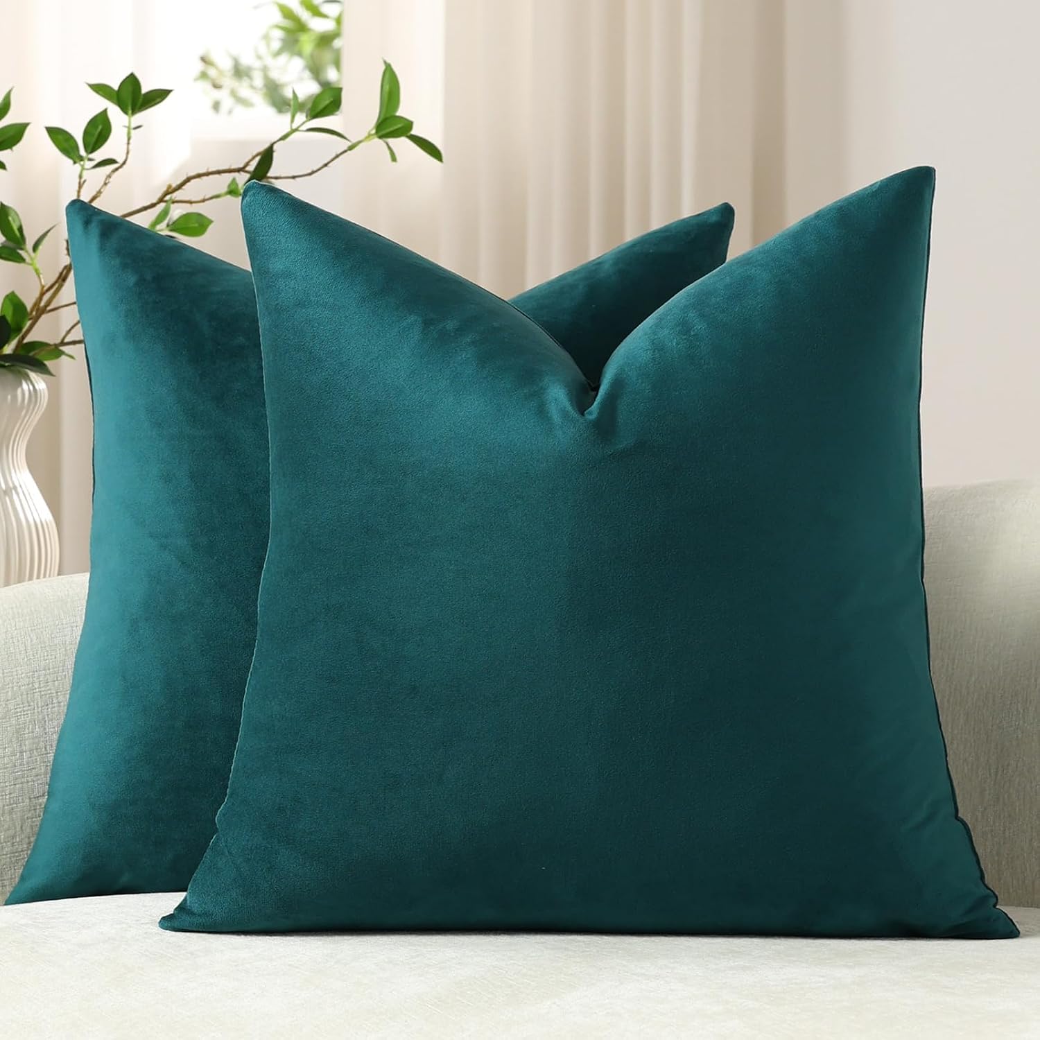 Dezene Throw Pillow Covers 18x18 Teal: Pack of 2 Cozy Soft Velvet Square Modern Luxury Decorative Throw Pillow Cases for Sofa Couch Living…